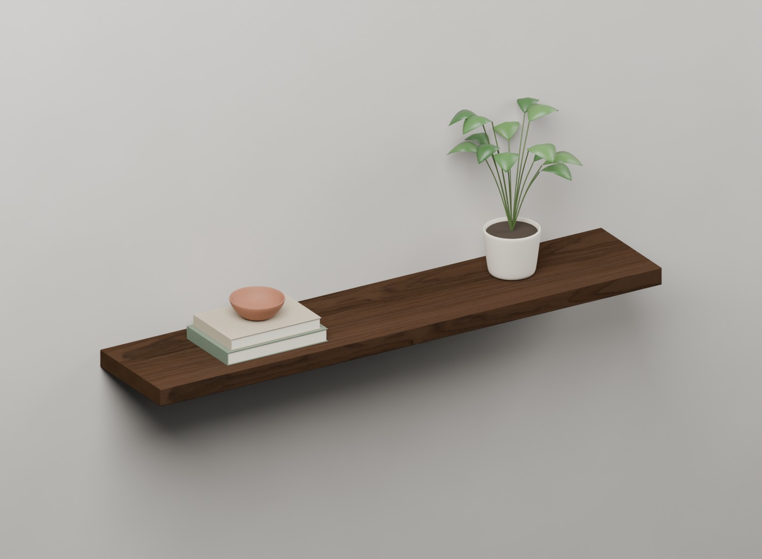 Unfinished solid walnut floating shelf with books and a potted plant