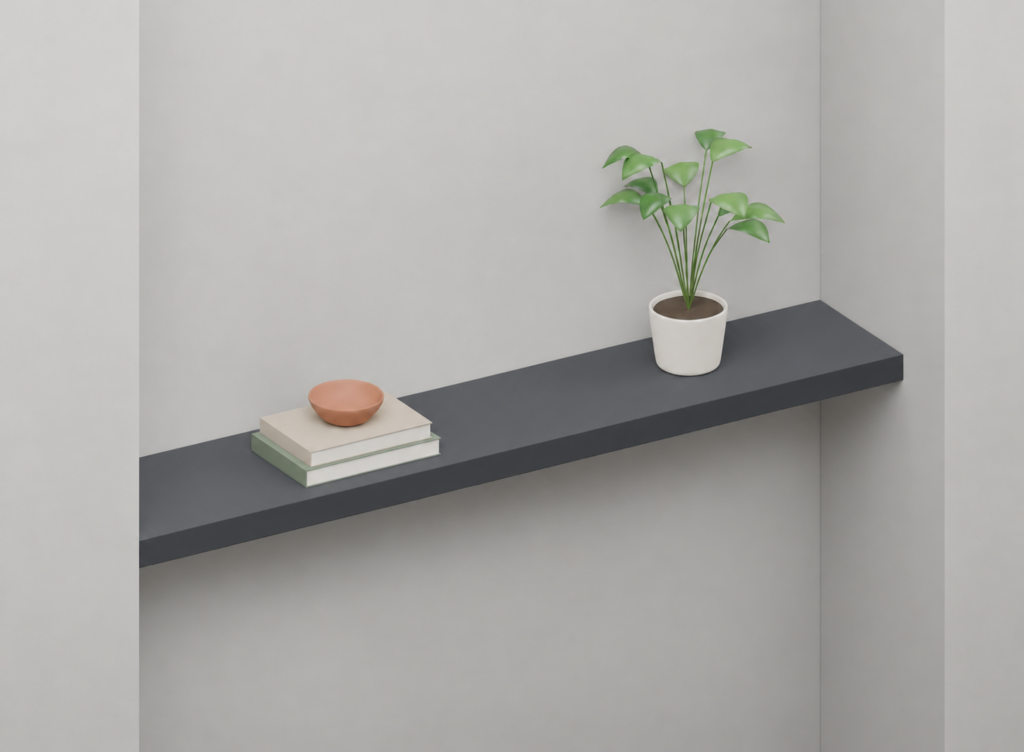 Charcoal Grey Full Styled alcove shelf render