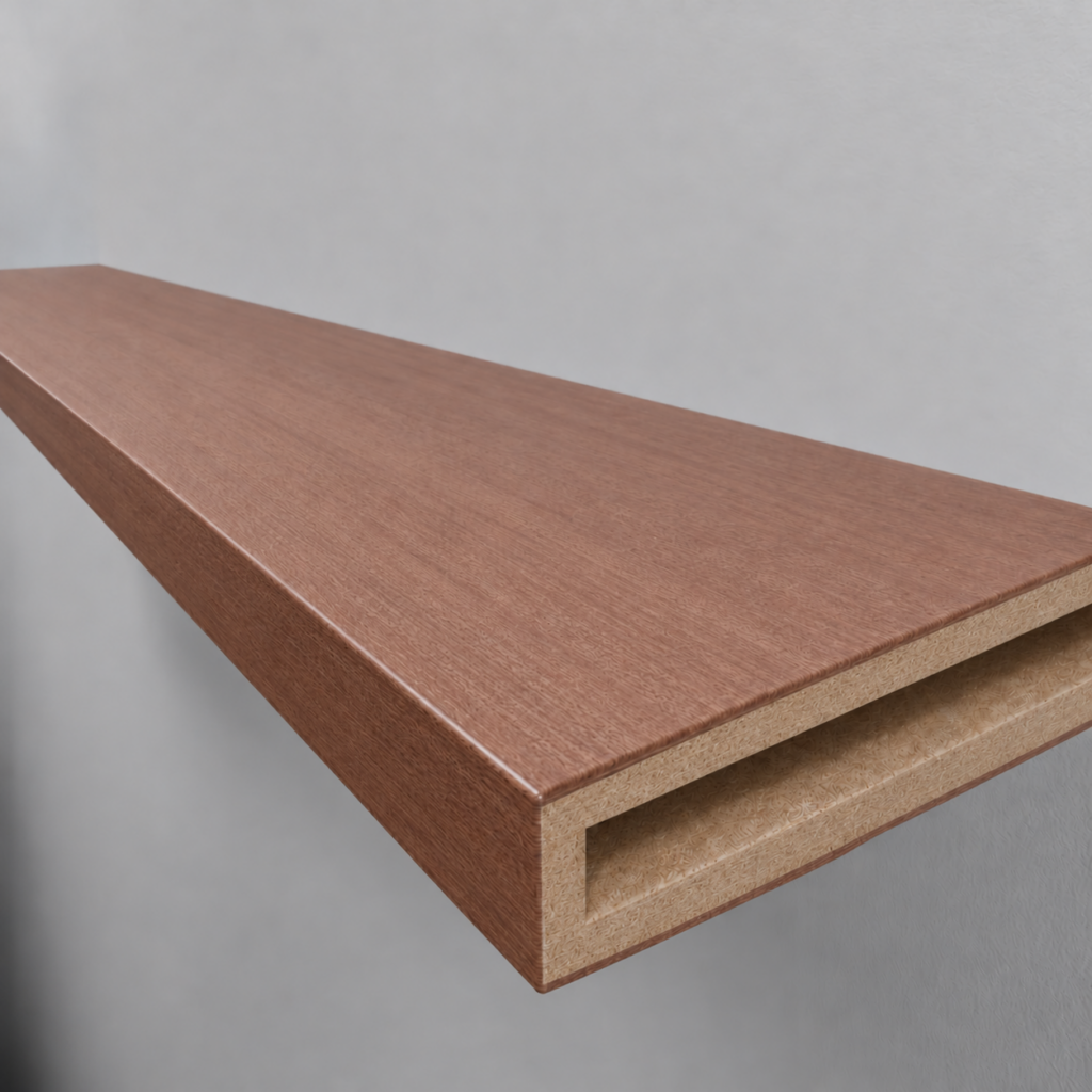 Sapele veneer — grooved alcove wall-end detail