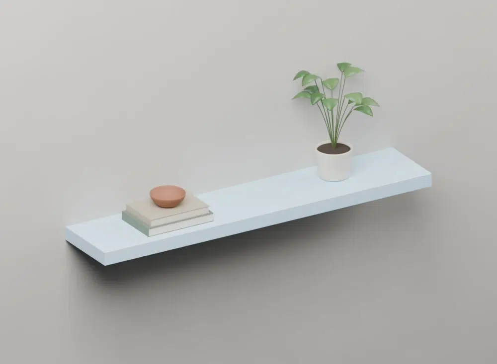 Sky Blue Floating Shelf — styled ISO view