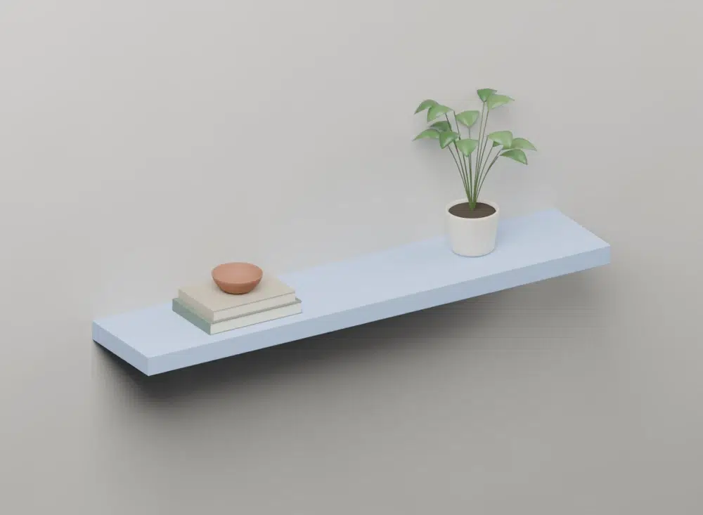 Pastel Blue Floating Shelf — styled ISO view