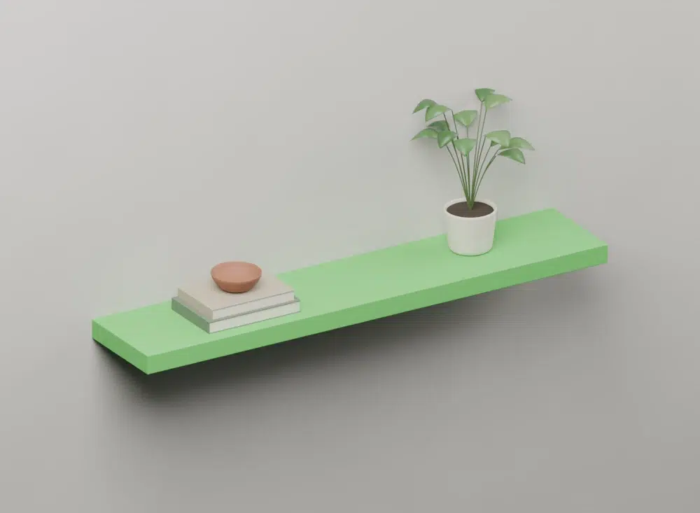 Pea Green Floating Shelf — styled ISO view