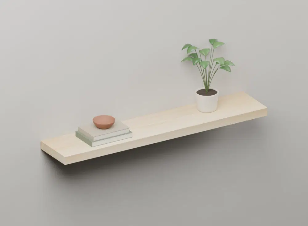 Solid Ash Floating Shelves — styled ISO view