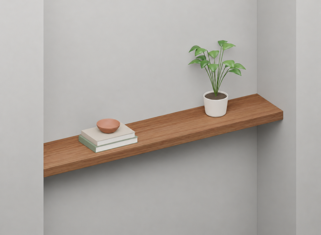 Walnut Full Styled alcove shelf render